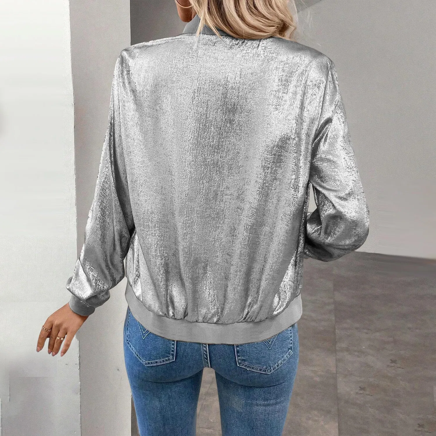 Женская куртка-бомбер с молнией, модель Bomber da donna, бренд, grigio — фото 3
