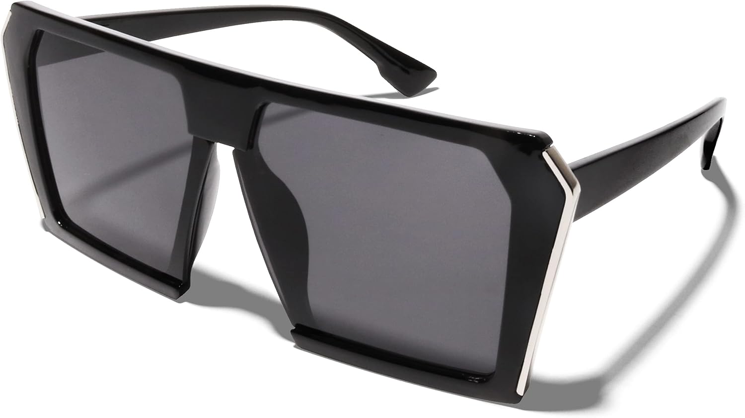 

ShadyVEU Большие трапециевидные солнцезащитные очки в стиле «Дива» с плоской верхней частью, винтажные дизайнерские очки для женщин и девушек, Silver Frame / Black Lens