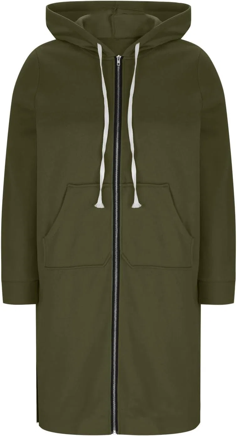 Женская oversize худи с капюшоном на молнии, с длинным рукавом, из флиса, с карманами, армейский зелёный — фото 4
