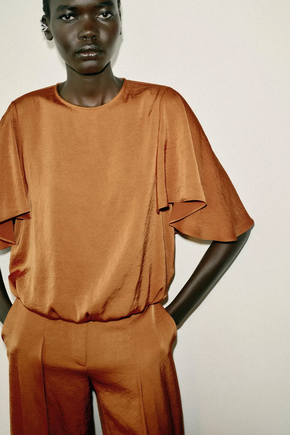 Струящаяся рубашка с рукавами с оборками ZARA, Burnt orange — фото 4