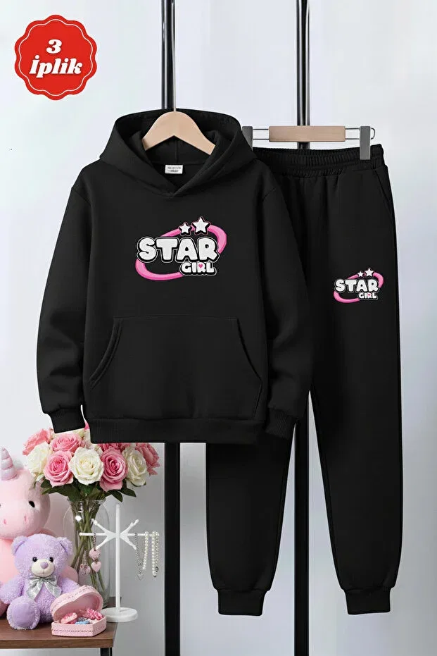 Детский комплект для девочек с принтом 3 iplik ş fleece-lined winter kangaroo pocket girl star b printed k hooded girls' tracksuit set Ya Ko Kids, Black