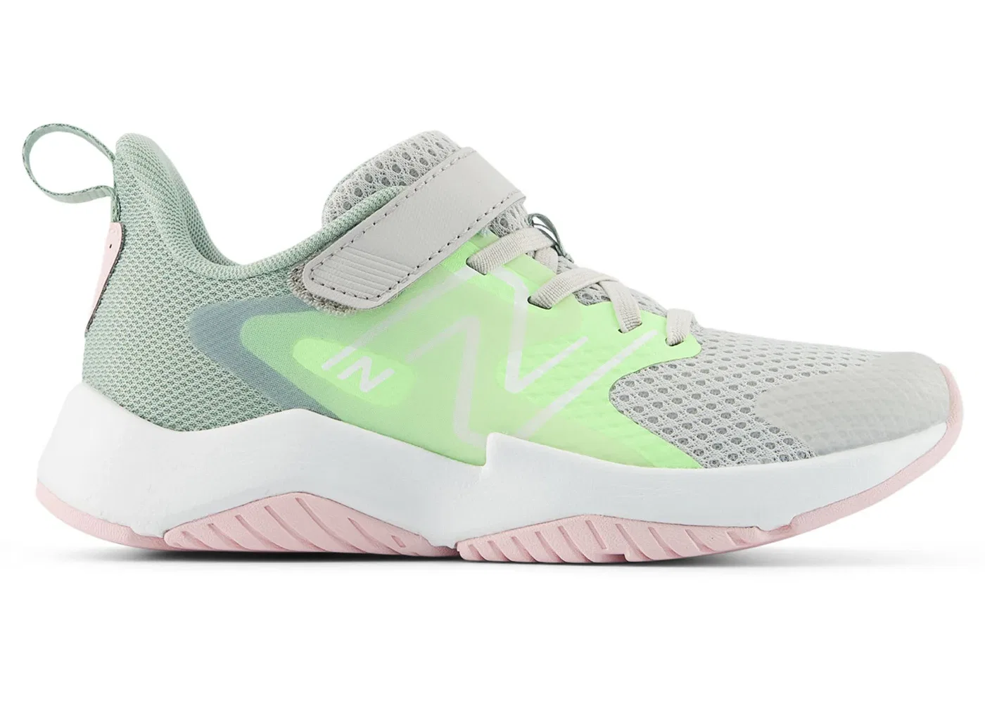 Детские кроссовки беговые с принтом New Balance Rave Run v2 Bungee Lace, Grey Matter Mint Flash Mosaic Green