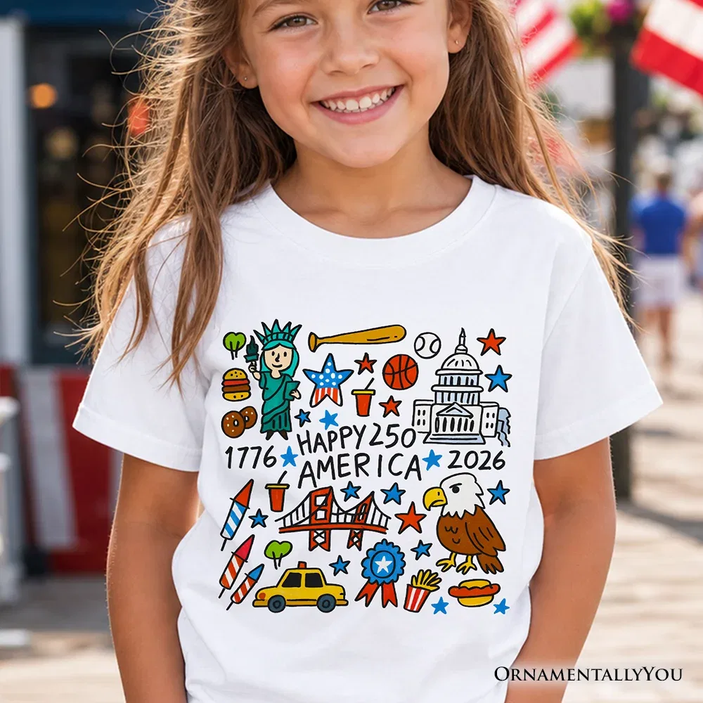 Детская футболка с принтом Happy 250 America Doodle OrnamentallyYou, White — фото 4