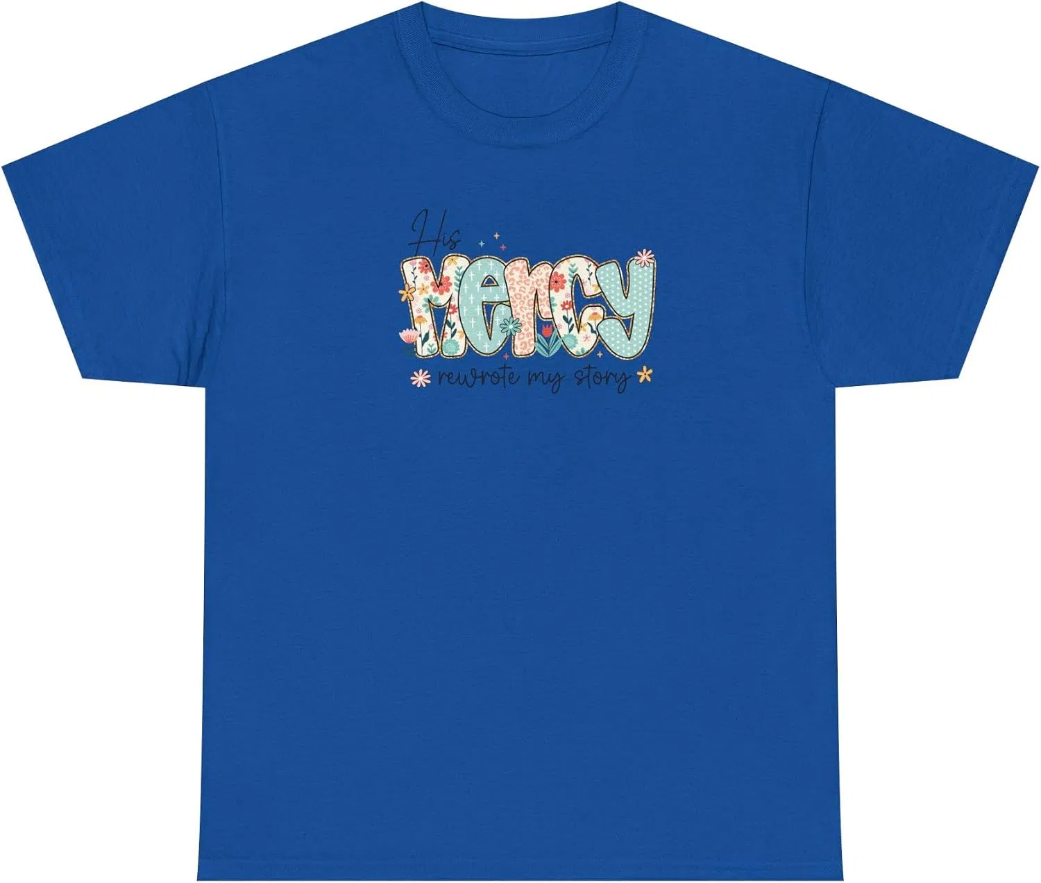 Женская футболка с принтом His Mercy Floral Script, королевский синий