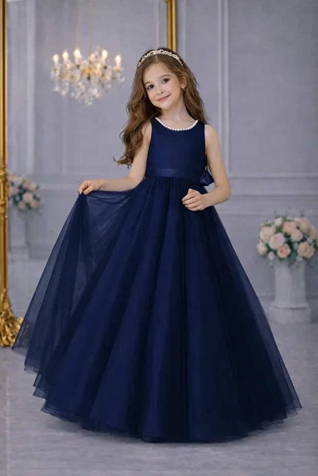 Детское платье для девочек с принтом Girl'S Collar Pearl Detailed Navy Blue Ball Gown Suneh, Navy Blue — фото 3