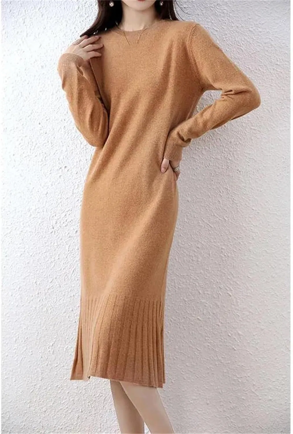 Женское платье-свитер с круглым вырезом из 100% шерсти, Beige — фото 2