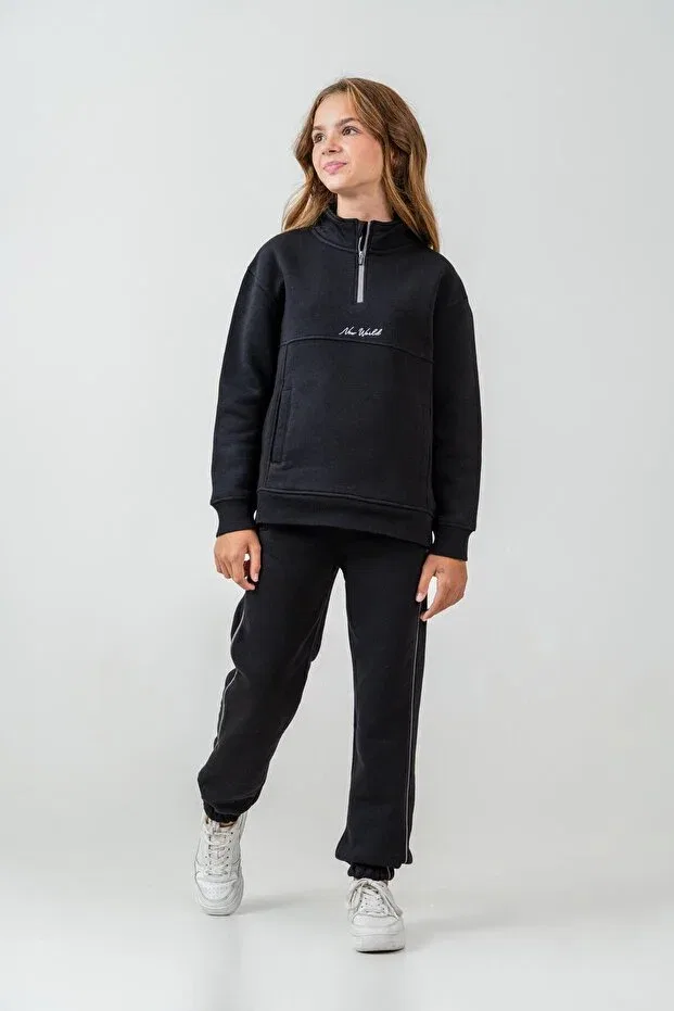 Детский комплект спортивного костюма для девочек с вышивкой New World Embroidered Mışıl Kids, Black — фото 3