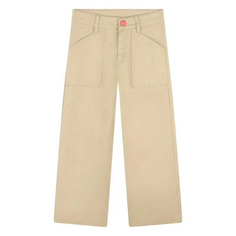 Брюки для девочек с широкими штанинами из твила, модель Kids Wide Leg Twill Cotton Trousers Kenzo, Sand