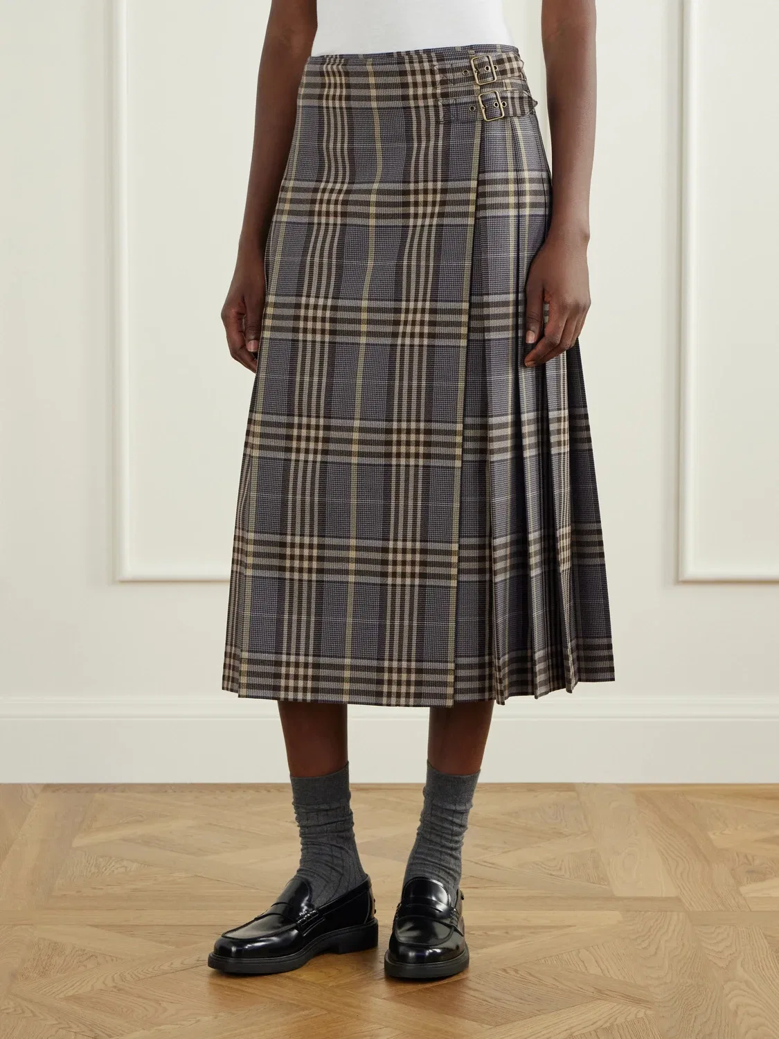Плиссированная юбка миди из шерсти в клетку Burberry, бежевый — фото 3