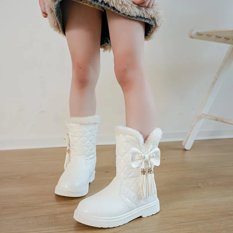 Детские зимние ботинки для девочек с бантом и кисточкой Hhhchpm, White — фото 4