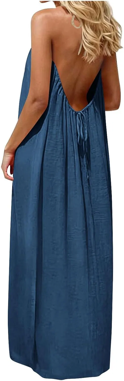 Женское повседневное платье макси на бретелях, Dark Blue