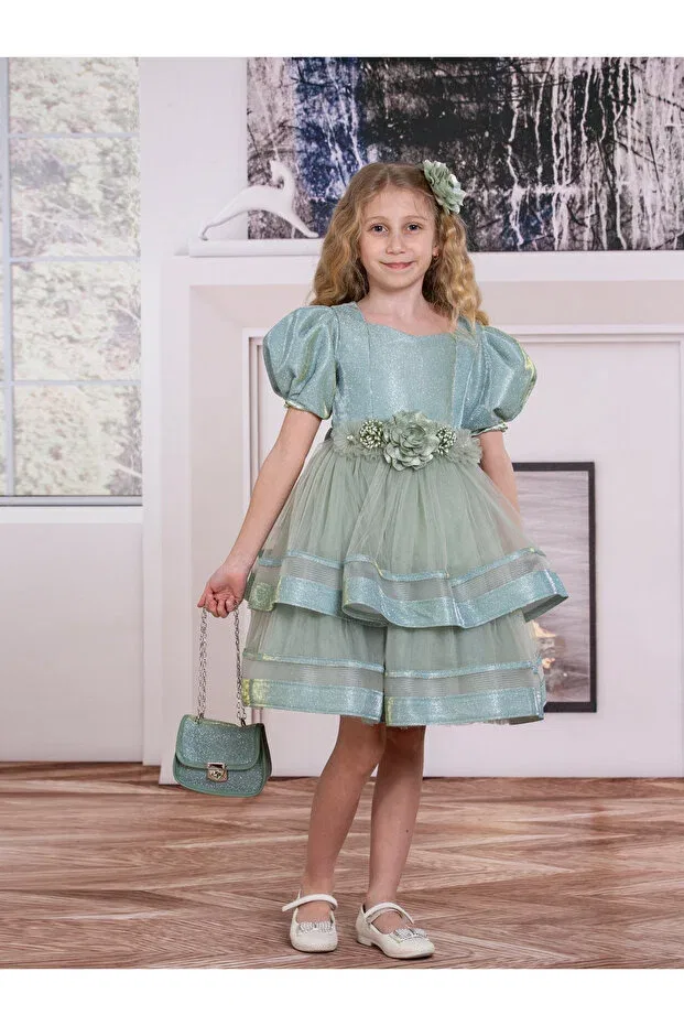 Детское платье для девочек с коротким рукавом-фонарик Süslü Pink Kids, Green