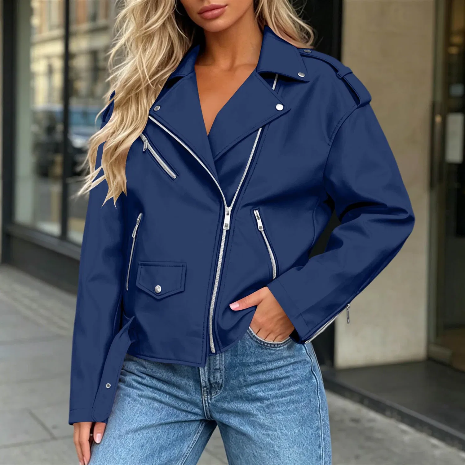 Женская куртка-косуха из экокожи с принтом UK moto Biker, Blu 1 — фото 3