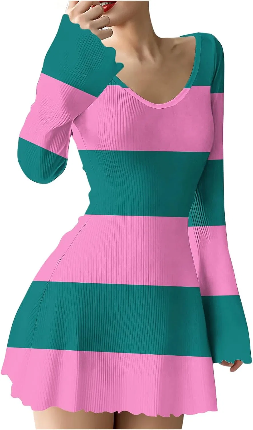 Женское полосатое трикотажное платье мини A-силуэта, Hot Pink