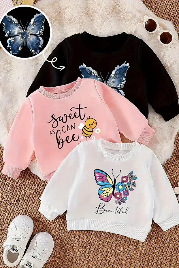 Детские свитшот для девочек с принтом Butterfly Themed 3-Piece Premium Crew Neck Sweatshirt Myada, Colored