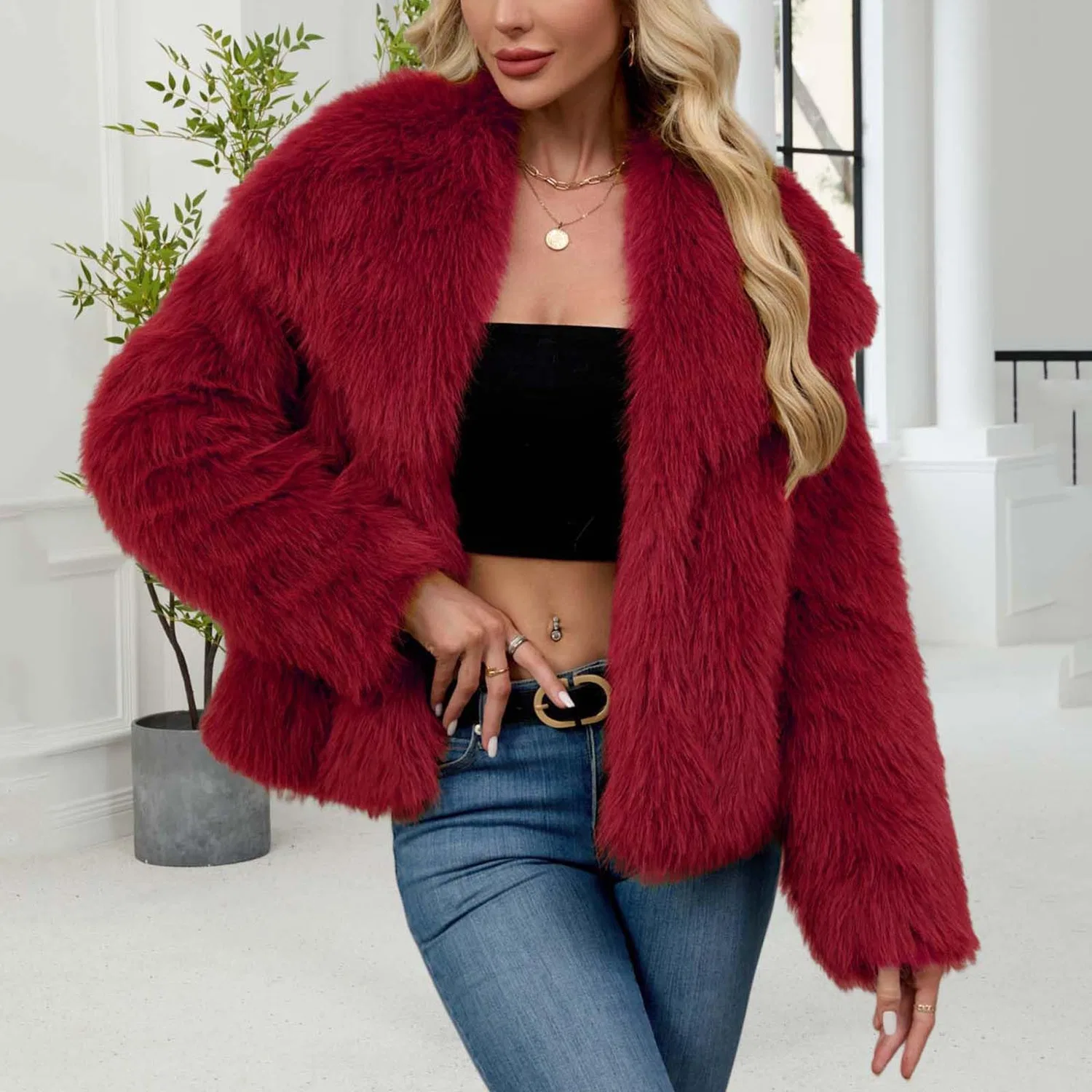 Женское пальто с длинным рукавом Winter Coats Women UK Short Faux Fur Jacket, B Wine — фото 2