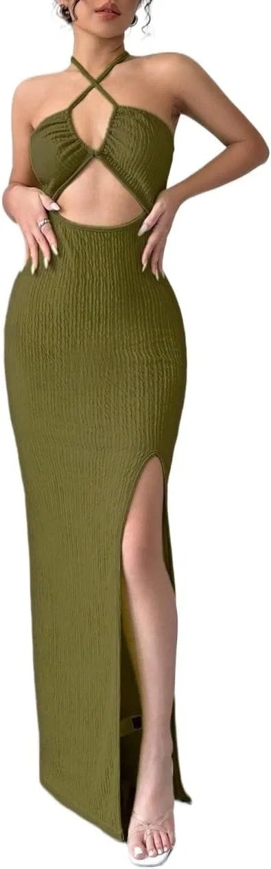 Женское облегающее платье-макси с разрезом на бедре, Army Green