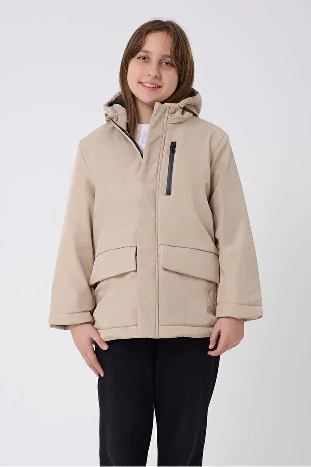 Детское для девочек пальто длинное с принтом Hooded Basics Royalside, Stone — фото 2