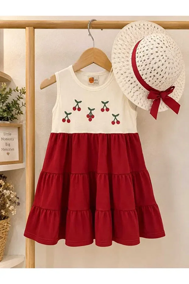 Детское платье для девочек хлопковое комплект платьев cherry embroidered hat and summer dress Kidsense, Red — фото 2