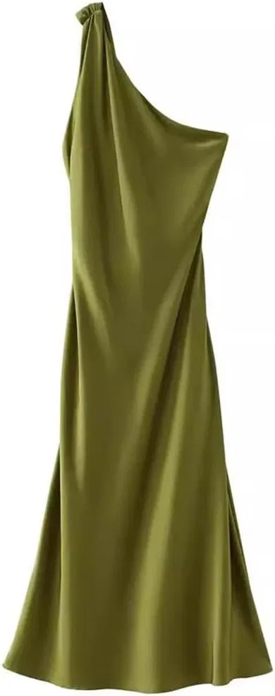 Женское летнее платье с открытой спиной Off Shoulder Satin Midi Asymmetric, Army Green