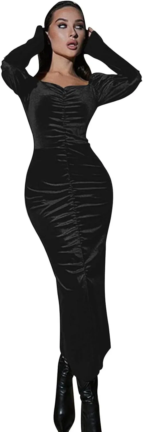 Женское бархатное длинное платье с квадратным вырезом, Black