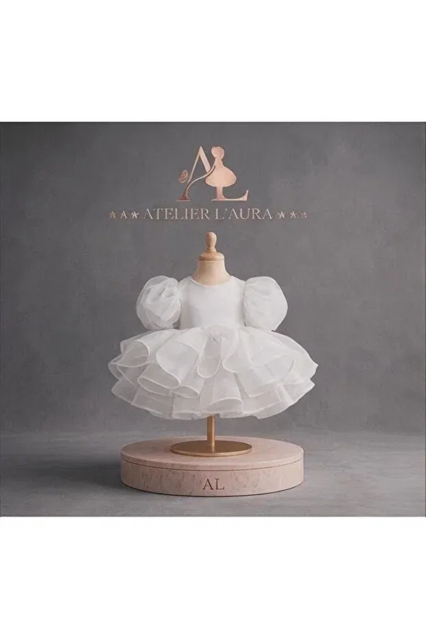 Детское платье для девочек с коротким рукавом-фонарик Atelier Laura, White