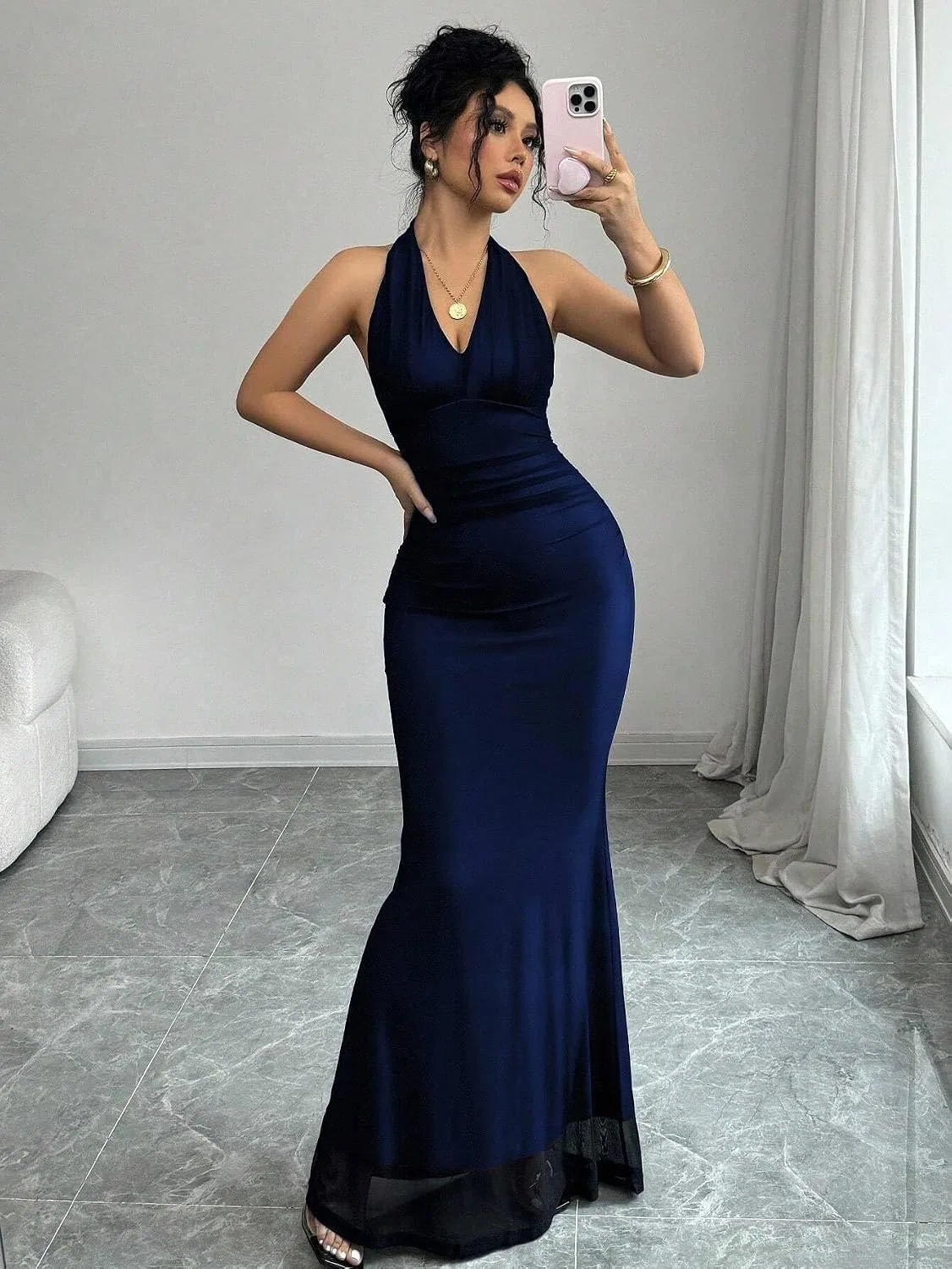 Женское облегающее платье с V-образным вырезом и плиссе на талии, Royal Blue — фото 4