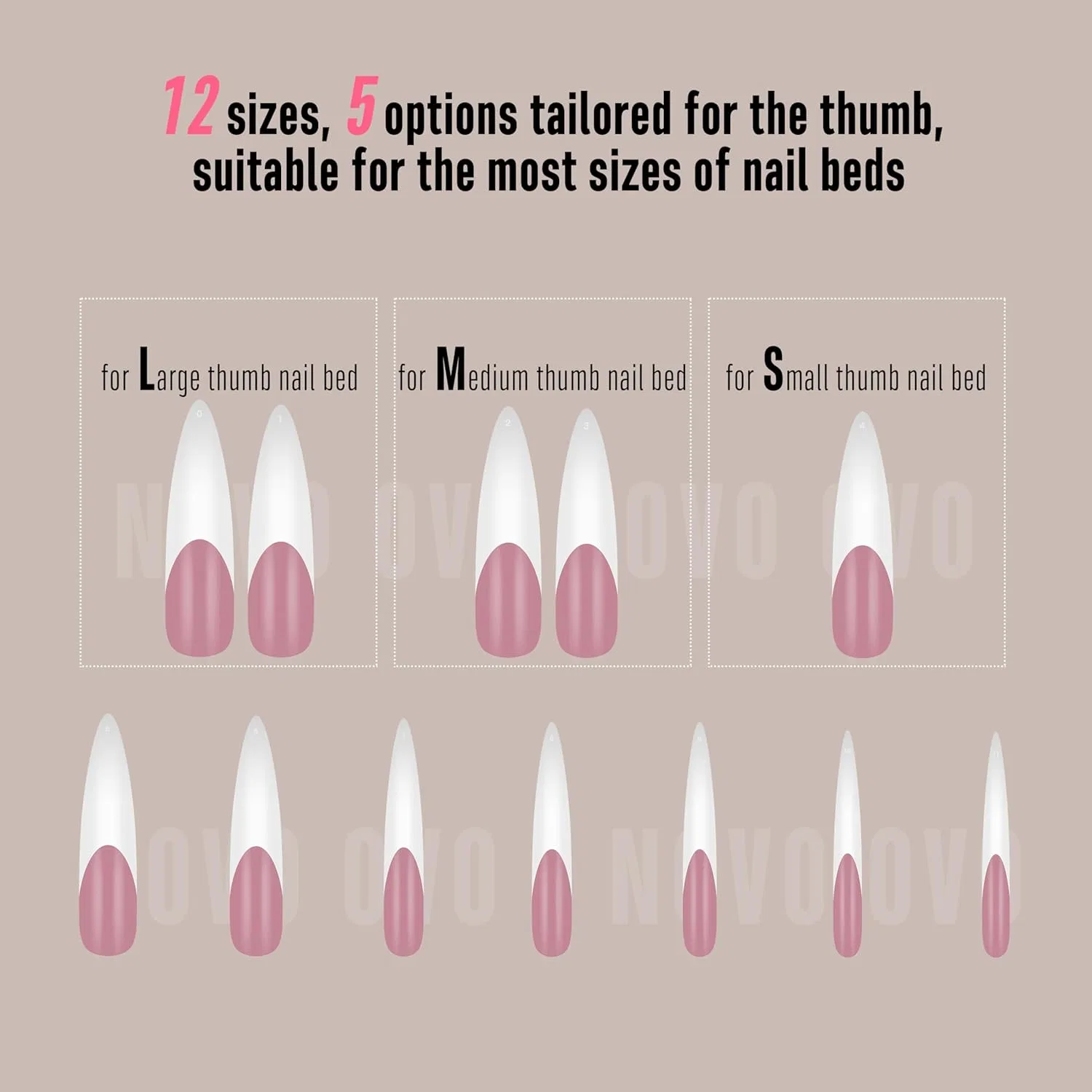 Набор накладных ногтей NOVO OVO XXL Curved Stiletto Almond 144 шт. Novo Ovo, Xxl Curved Almond Stiletto French Tip Nail Tips 144_Eu — фото 4