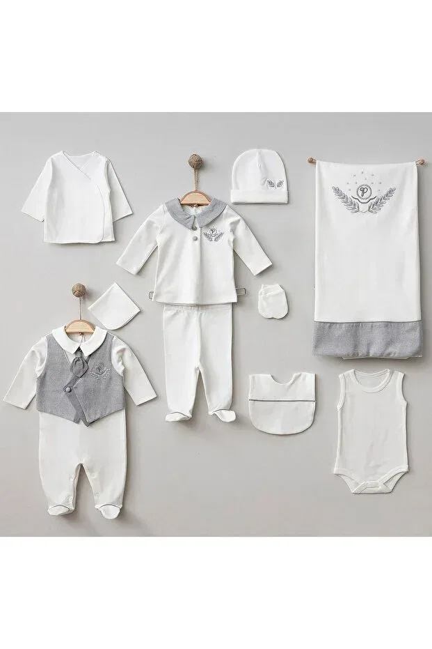 Детский комплект одежды для новорожденных с принтом Pugi Baby Ultralük 10 Piece Hospital Outfit Set With Tie Cherub Baby, Gray — фото 2