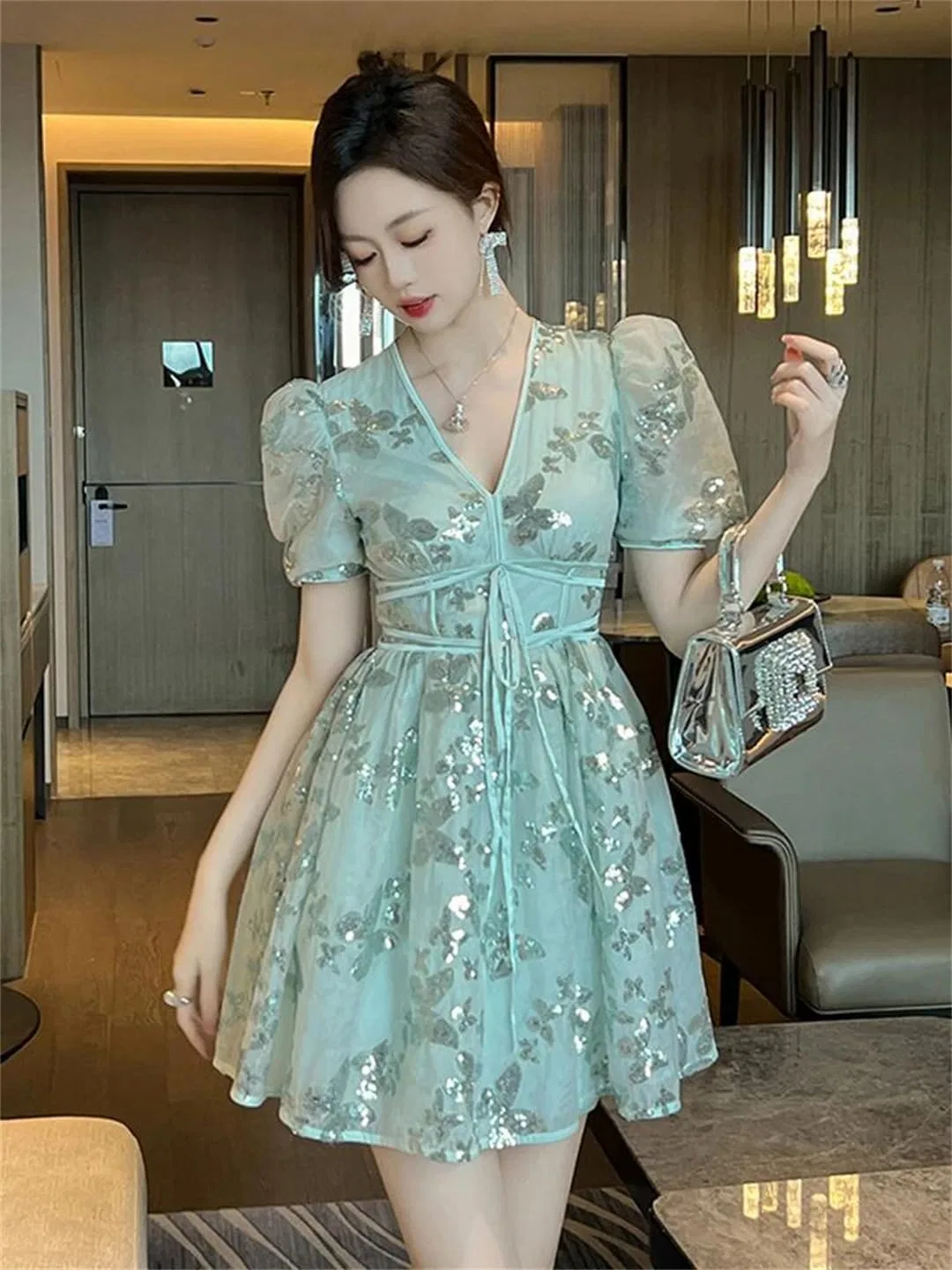 Женское коктейльное платье с пышными рукавами A-line мини, Light En8 — фото 2