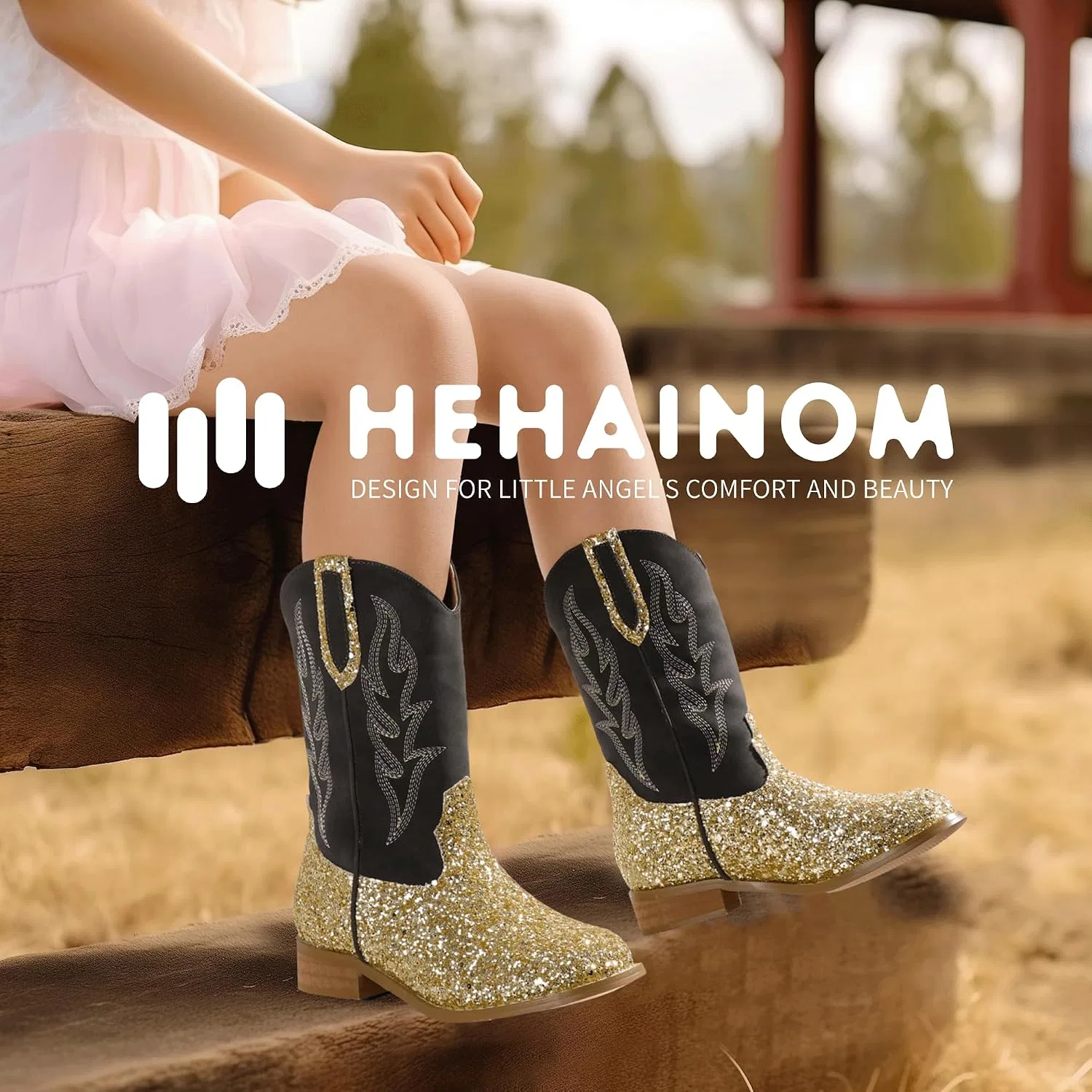 Детские сапоги для девочек с вышивкой Cowgirl Boots Hehainom, Goldsequin — фото 2