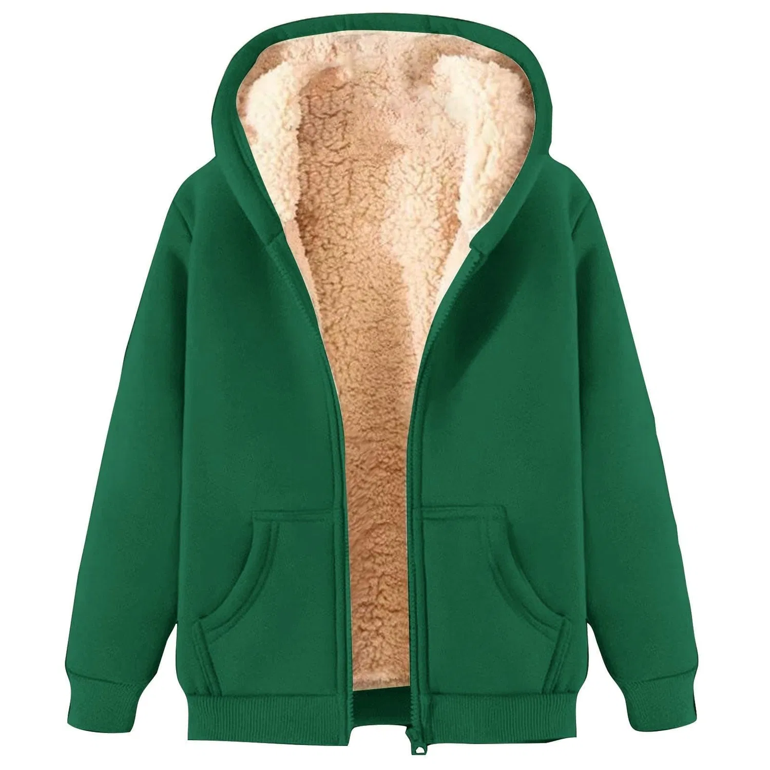 Женская куртка из флиса с капюшоном и молнией, однотонная, 05 Verde
