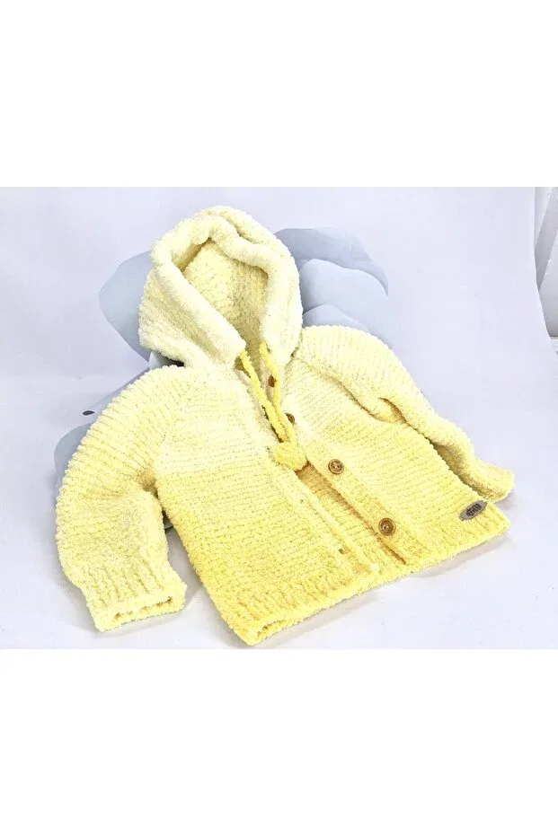 Детский кардиган для девочек с капюшоном Hand Knitted Soft Plush Hooded Girl's Cardigan Evitle, Sarı — фото 4