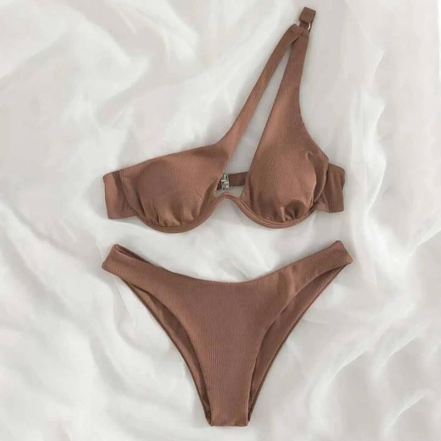 Женский бикини-сет с одним плечом и вырезами Push Up, Brown — фото 2