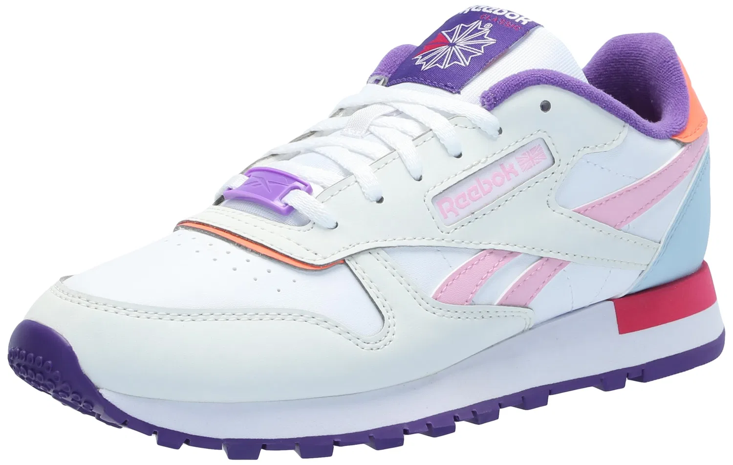 Детские кроссовки для девочек с цветовыми блоками Reebok Kid's Classic Leather, Barely Grey Dynamic Purple Bold Pink
