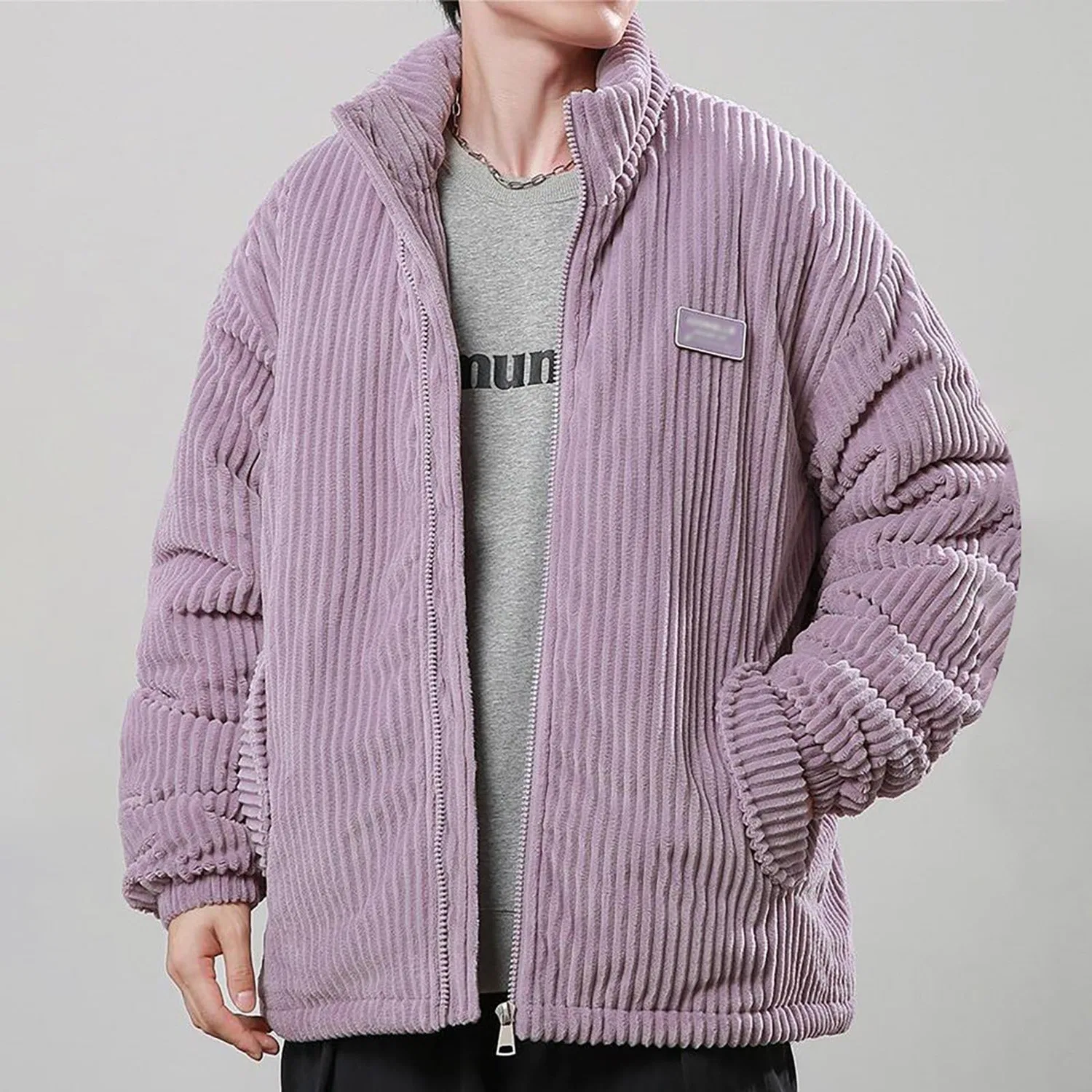 Мужское зимнее пальто с меховым воротником Corduroy Neck Fur, purple — фото 2