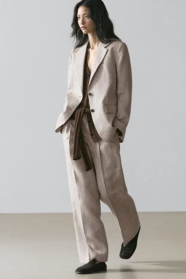 Женский пиджак льняной Massimo Dutti, Beige — фото 3