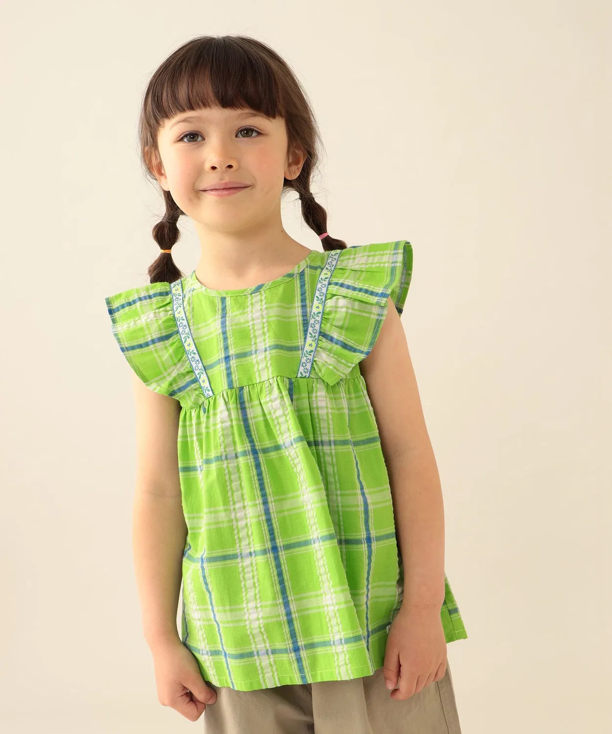 Детская блузка-трапеция с принтом в клетку, с коротким рукавом, модель Check Flare Blouse BEAMS mini, Kelly Green