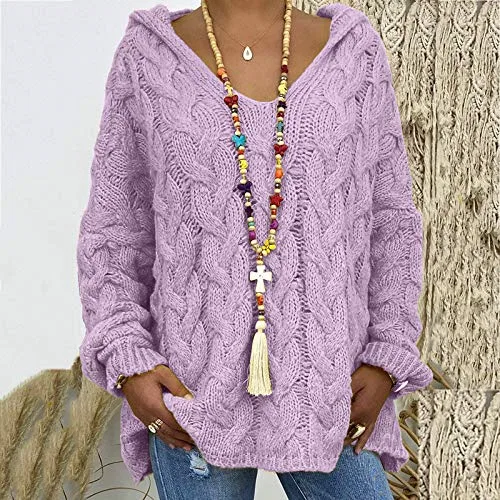 Женский свитер с V-образным вырезом и длинным рукавом Chunky Knit Pullover Hoodies, Lilac — фото 2