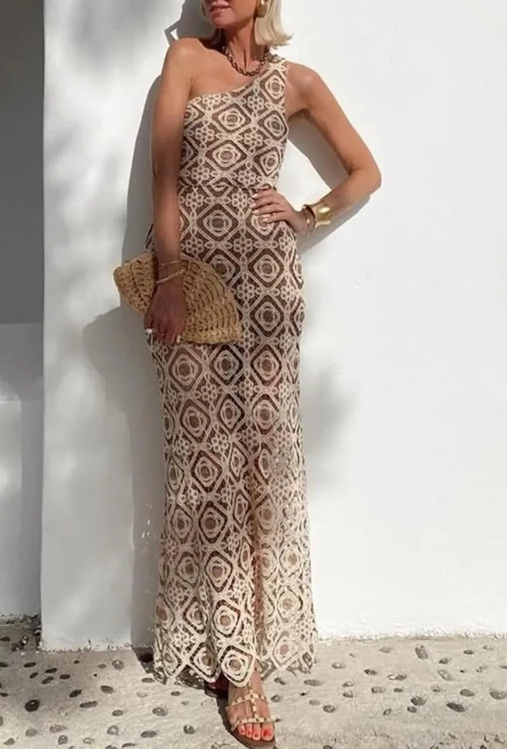Женское офф-плечо вязаное макси-платье Hollow Knit, Apricot — фото 2