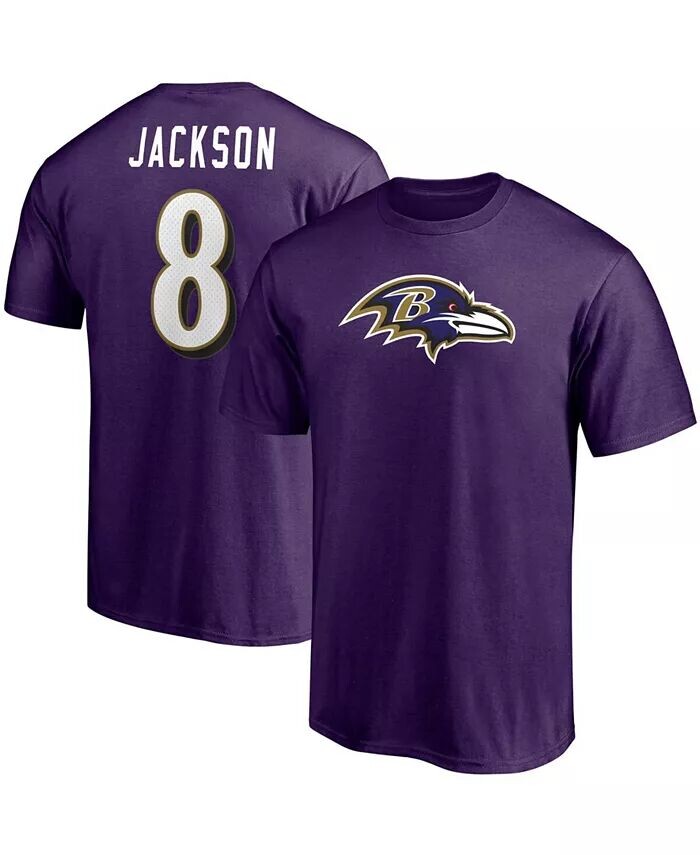 

Мужская фиолетовая футболка Lamar Jackson со значком игрока Baltimore Ravens с именем и номером Fanatics