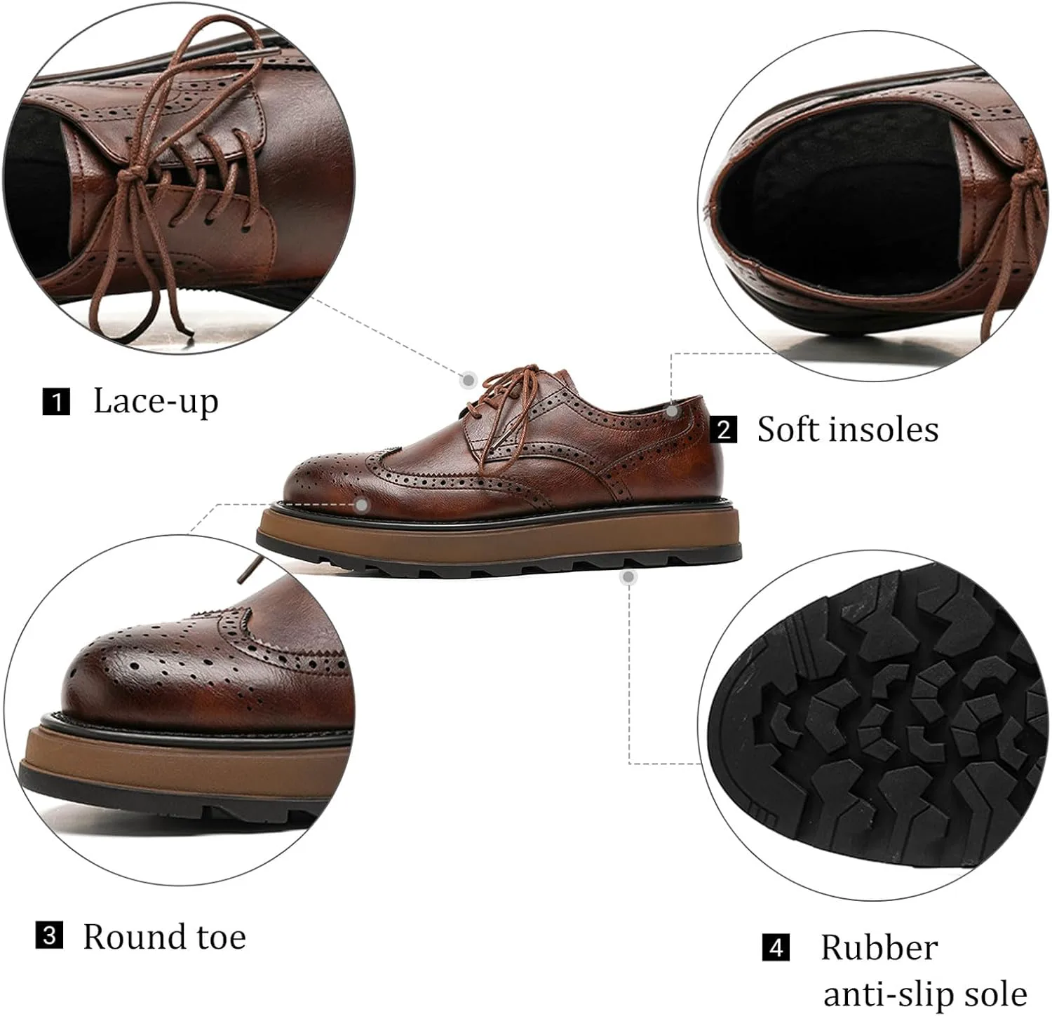 Мужские кроссовки Brogue Dress с классическим округлым носком, платформой и крыловидной отделкой, деловые оксфорды Wingtip, легкие противоскользящие повседневные деловые дерби XHOGNLS, коричневый — фото 4