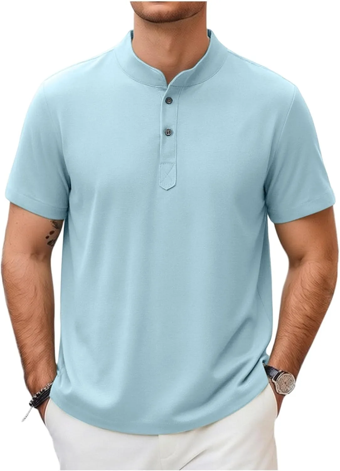 

Мужская повседневная рубашка-поло 2026, короткий рукав, лен, стойка