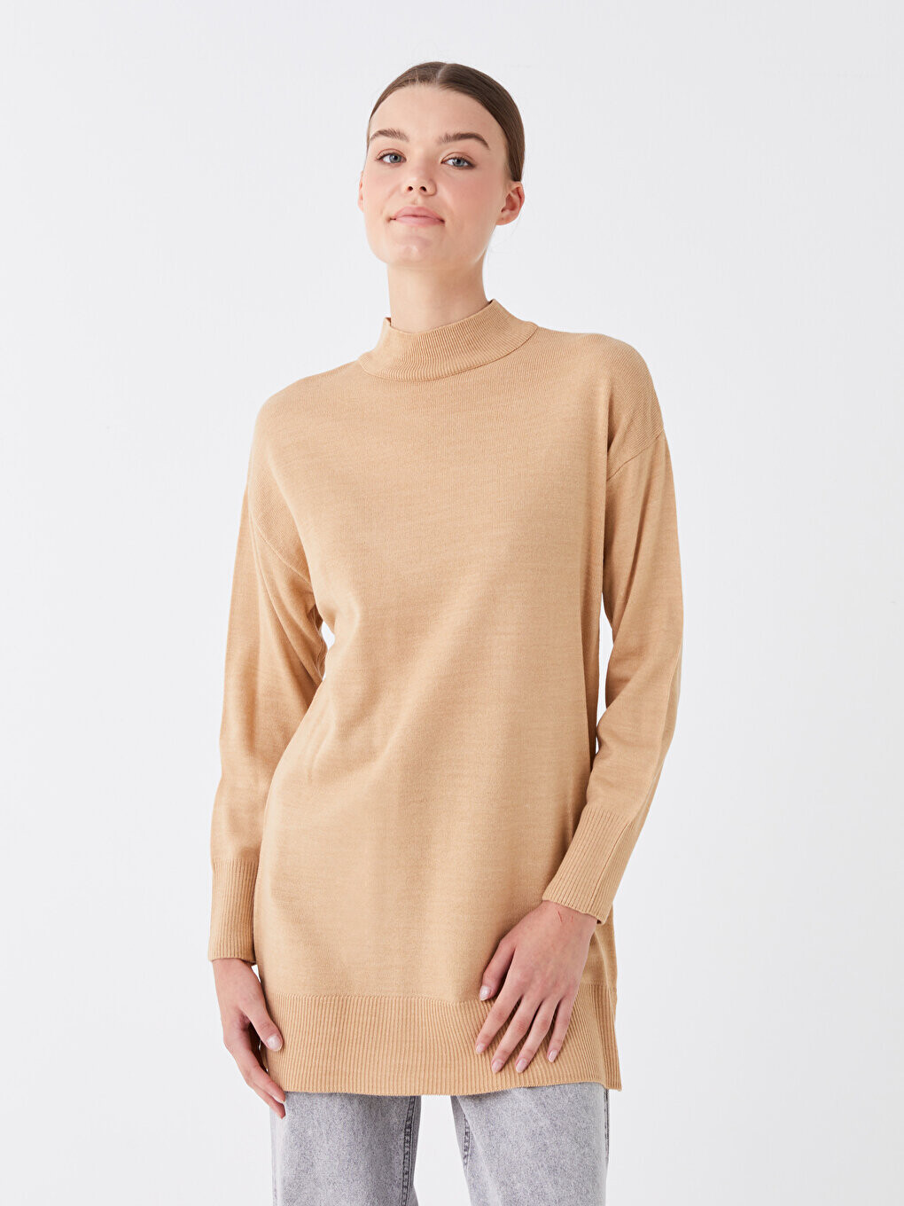 

Полуводолазка, однотонная женская трикотажная туника с длинными рукавами LCW Modest, бежевый