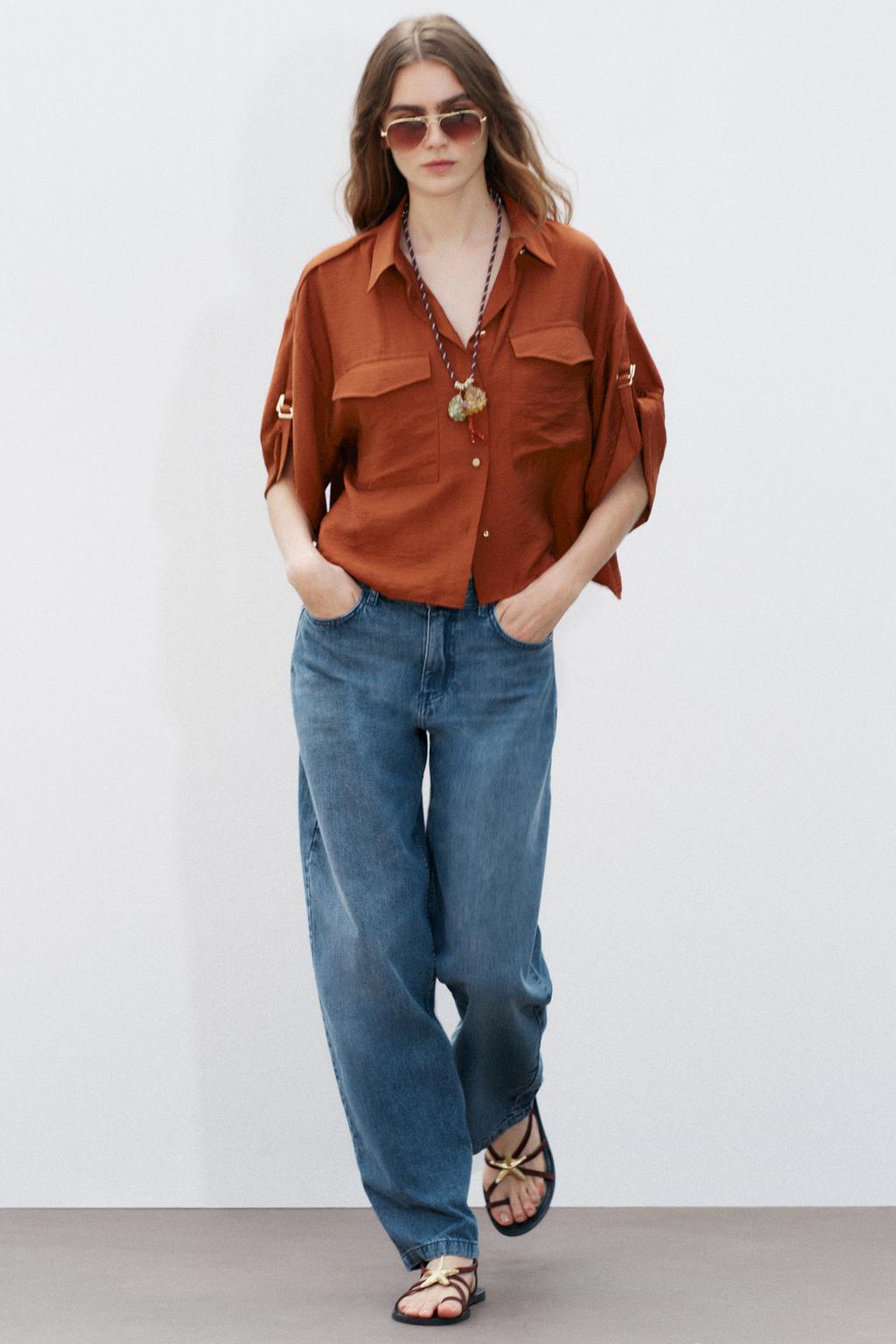 

Рубашка сафари с коротким рукавом ZARA, цвет Brick