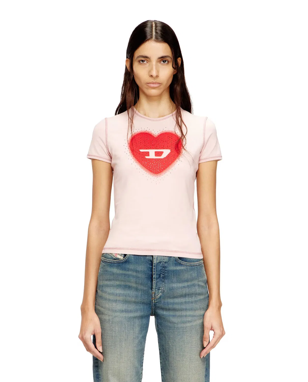 Женская футболка с принтом Heart Studded Logo Diesel, Rosa Claro
