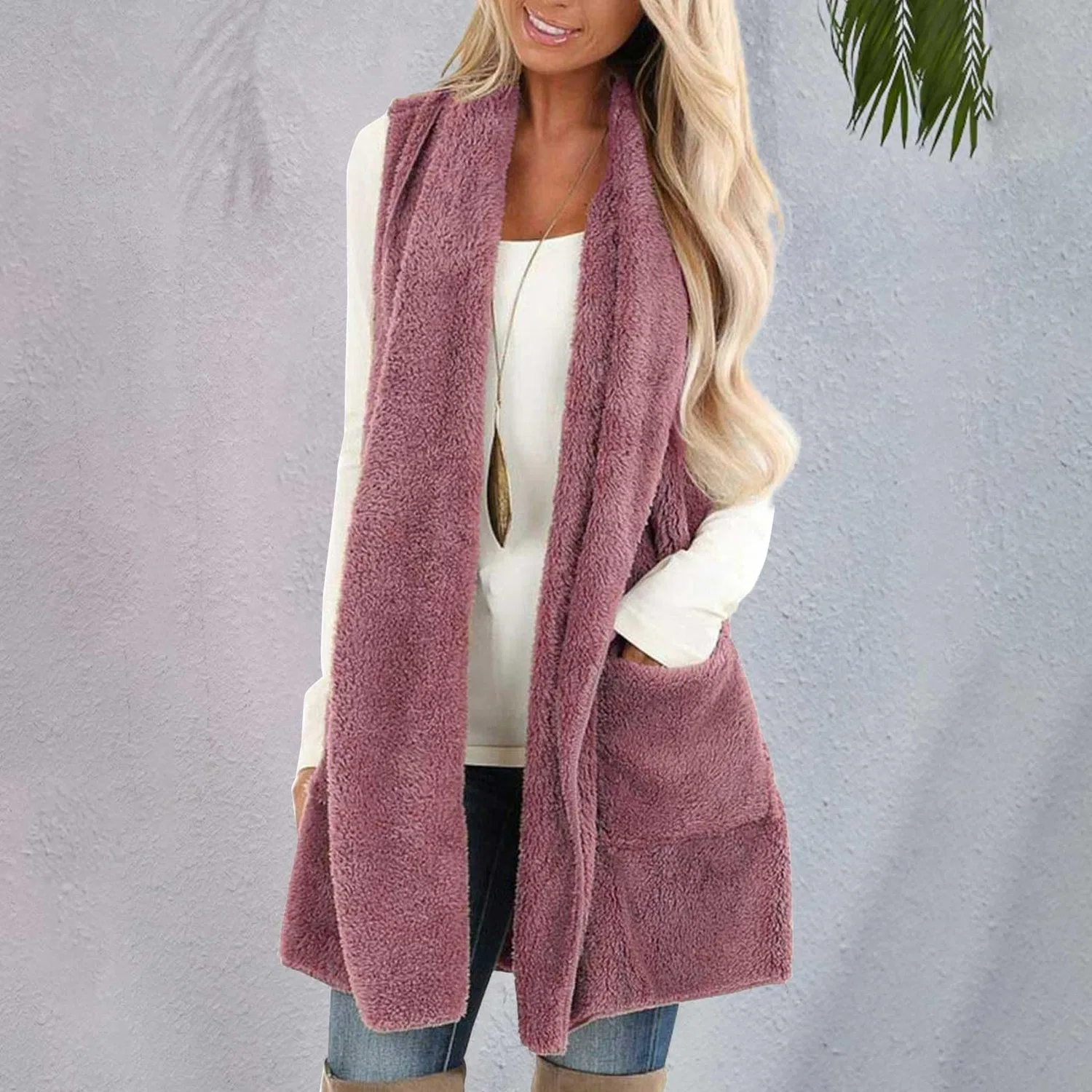 Женский жилет без рукавов из флиса Cozy Shawl Soft Cardigan Jacket Western, Rosso — фото 3
