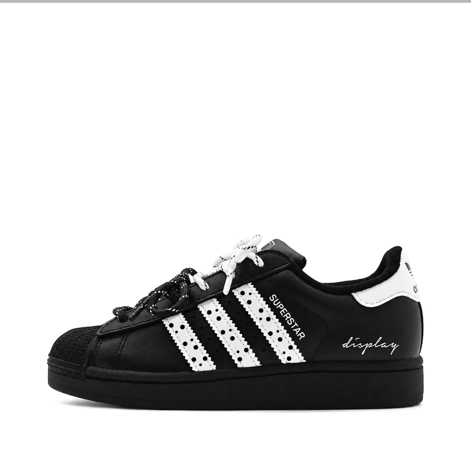 Детские кастомные кроссовки с принтом в горошек Superstar 2 Adidas Originals, Black White Polka Dot — фото 3