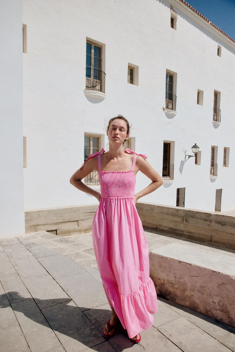 Платье в полоску с бантом ZARA, Pink