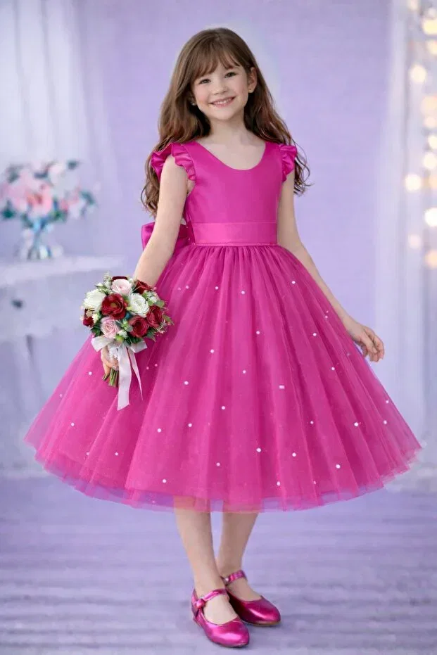 Детское платье для девочек с пышным рукавом Madyabutik, Fuchsia Pink